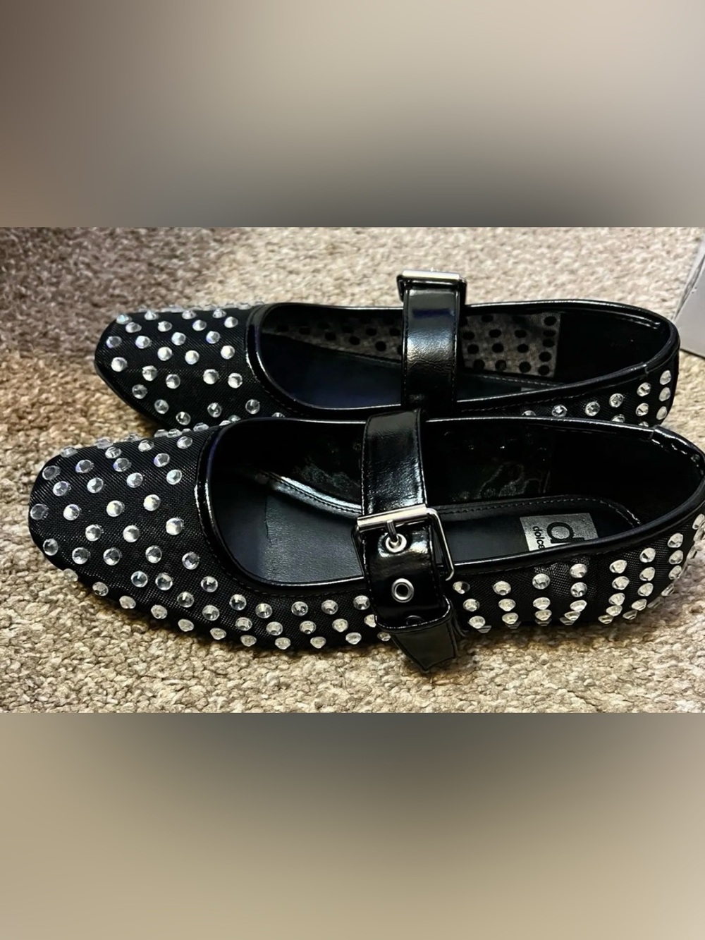 DOLCE VITA black Mary Jane flats featuring an all-over rhinestone embellishment.